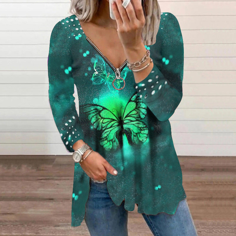 Fashion Printed V-Neck Zip Pullover Casual Blouse Womens Long Sleeve T-Shirt Wholesale Tunics Tops