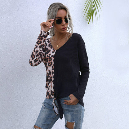 Casual Leopard Knit Tops Loose V-Neck Wholesale Womens Long Sleeve T Shirts