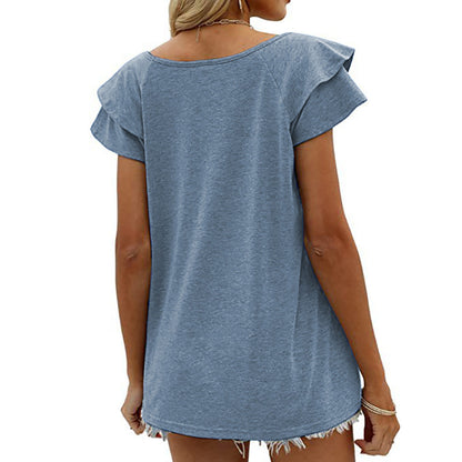 Solid Color V-Neck Double Ruffle Sleeve Loose Women'S Top Casual Wholesale T Shirts