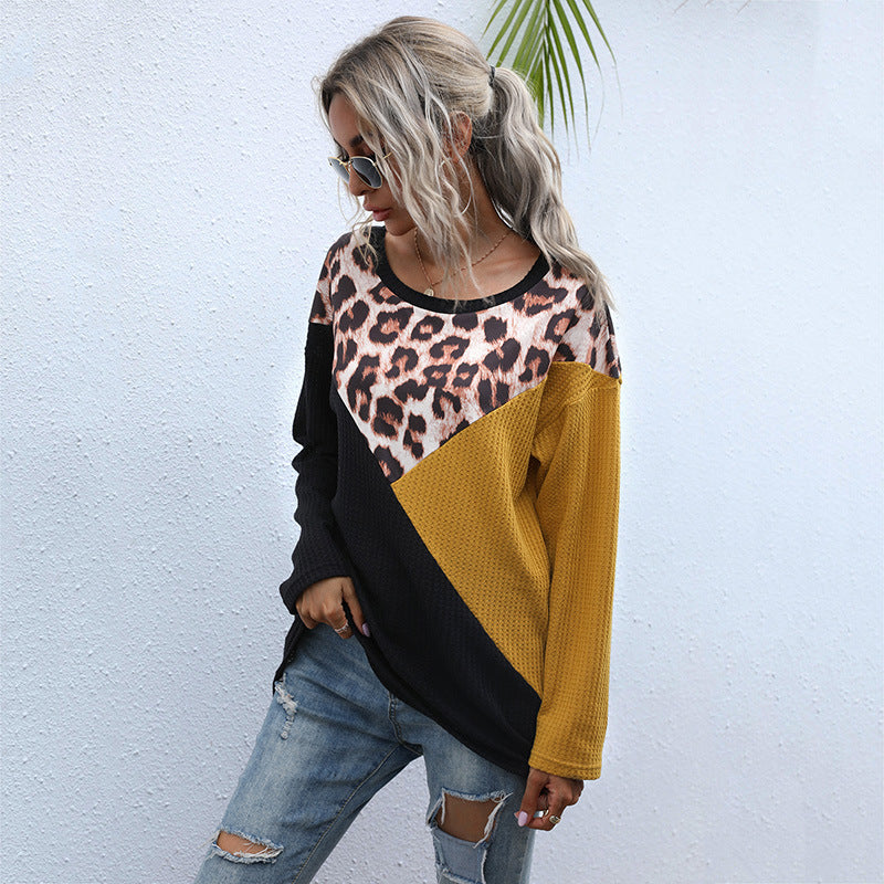 Casual Leopard Tops Loose Crew Neck Wholesale Womens Long Sleeve T Shirts