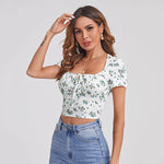Navel Floral Drawstring Square Neck Tight-Fitting T-Shirt Crop Tops Wholesale Womens Tops
