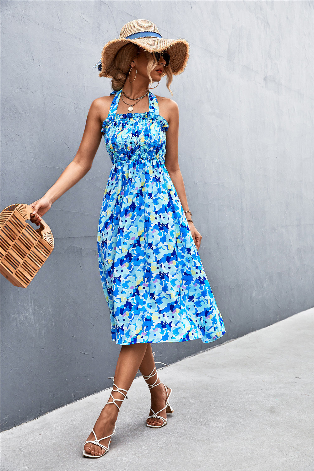 Halterneck Floral Printed Resort Off Shoulder Ruffled Dress Holiday Wholesale Dresses