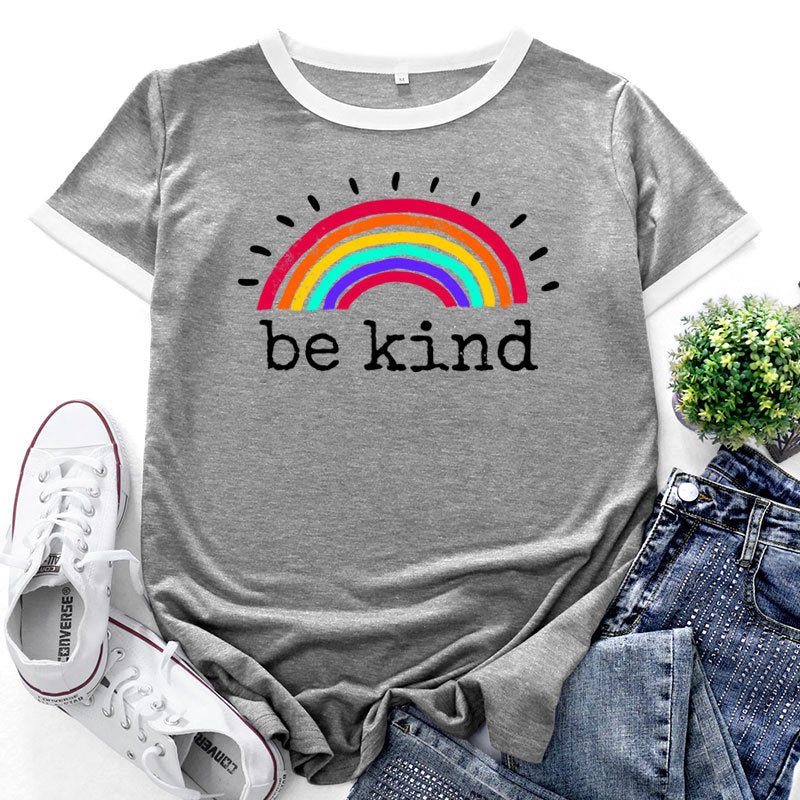 Rainbow & Letter Print Crew Neck Short Sleeve Tops Casual Wholesale Women'S T Shirts