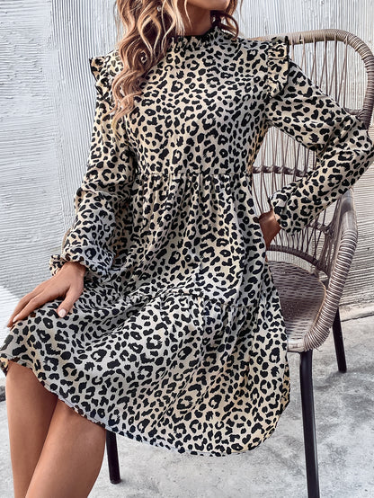 Ruffled Long Sleeve Leopard Pullover Slim Dress Wholesale Dresses