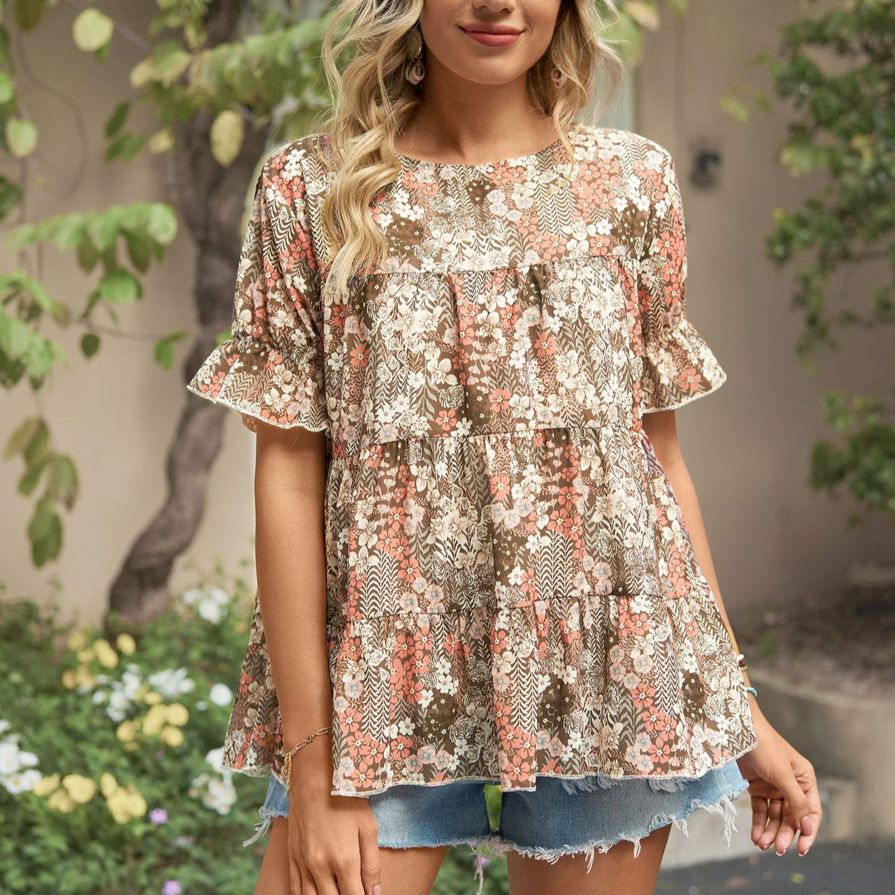 Printed Round Neck Short Sleeve Chiffon T-Shirts Wholesale Womens Tops