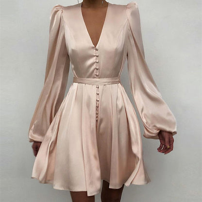 Long Sleeve V Neck Satin Wholesale A Line Dresses With Belt