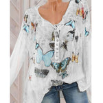 Fashion Loose Chiffon Butterfly Print Button Top V Neck Casual Wholesale Womens Long Sleeve T Shirts