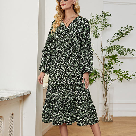 Printed Casual V-Neck Lantern Long Sleeve A-Line Dress Wholesale Dresses