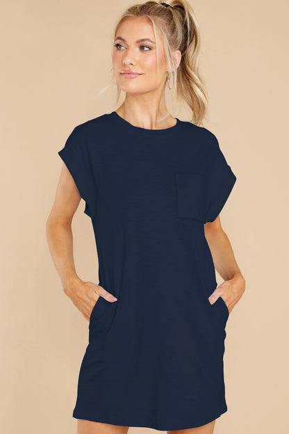 Fashion Casual Round Neck Dress Loose Short Sleeve Solid Color Wholesale Dresses With Pockets