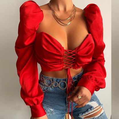 Sexy Lowcut Chest Wrap Lace-Up Tops Solid Color Long Sleeves Wholesale Crop Tops