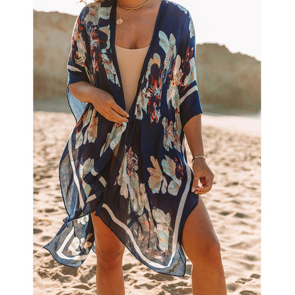 Slit Chiffon Print Beach Sunscreen Blouse Women Wholesale