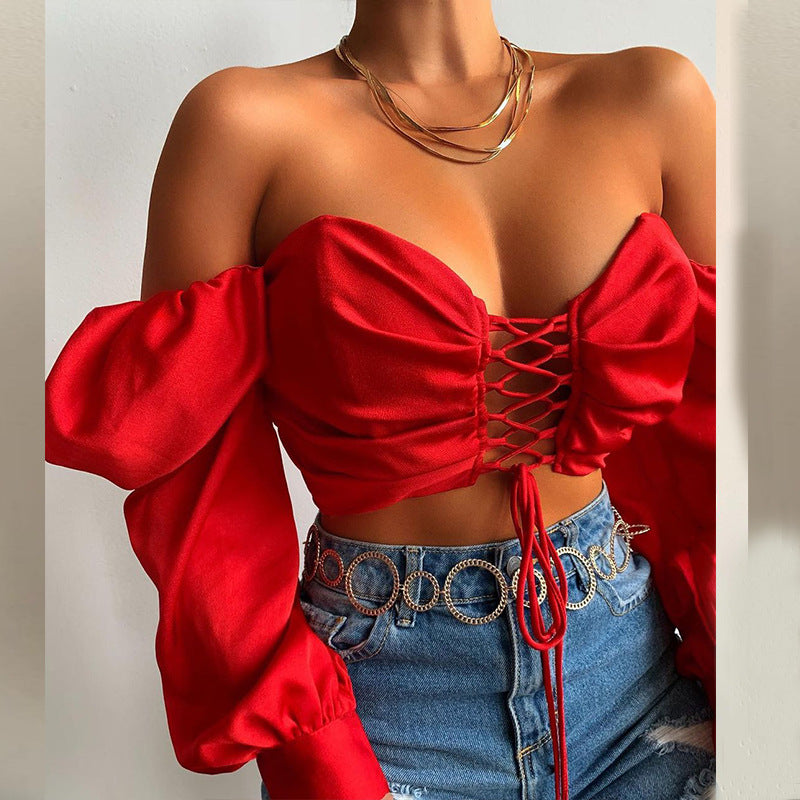 Sexy Lowcut Chest Wrap Lace-Up Tops Solid Color Long Sleeves Wholesale Crop Tops