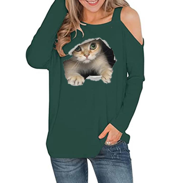 Off Shoulder Cat Print Long Sleeve Blouse Womens Tops Wholesale T-Shirts