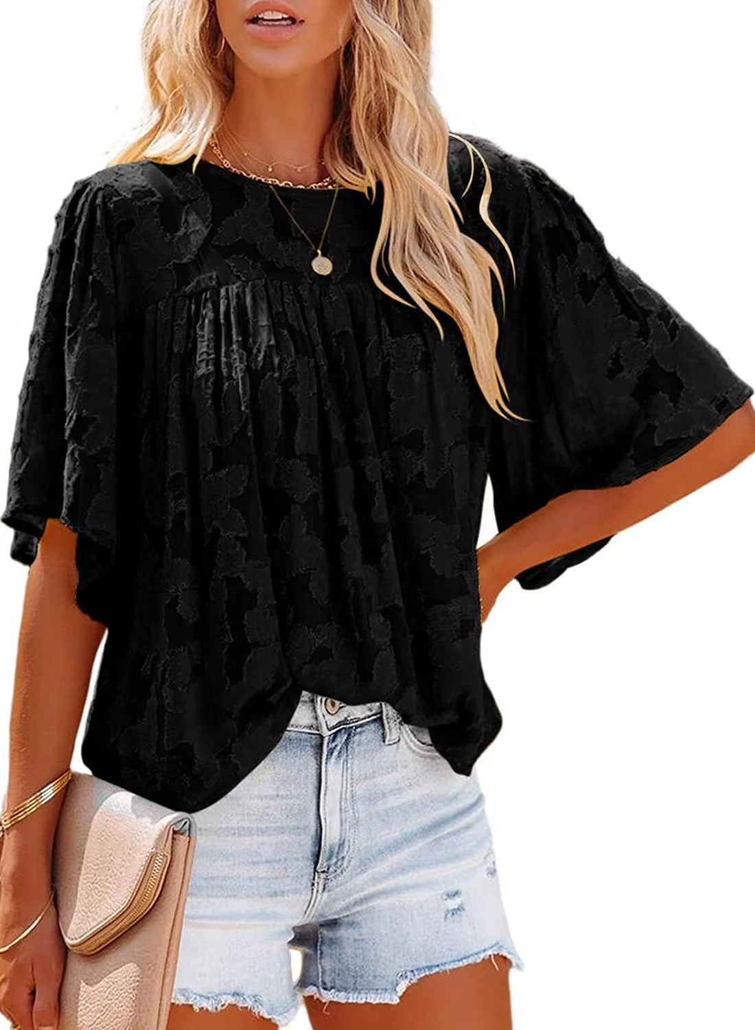 Lace Batwing Sleeve Crew Neck Wholesale Blouses Summer