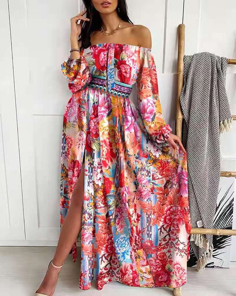 Sexy Wrap Print Slit Maxi Dress V Neck Off-Shoulder Long Sleeve Wholesale Dresses