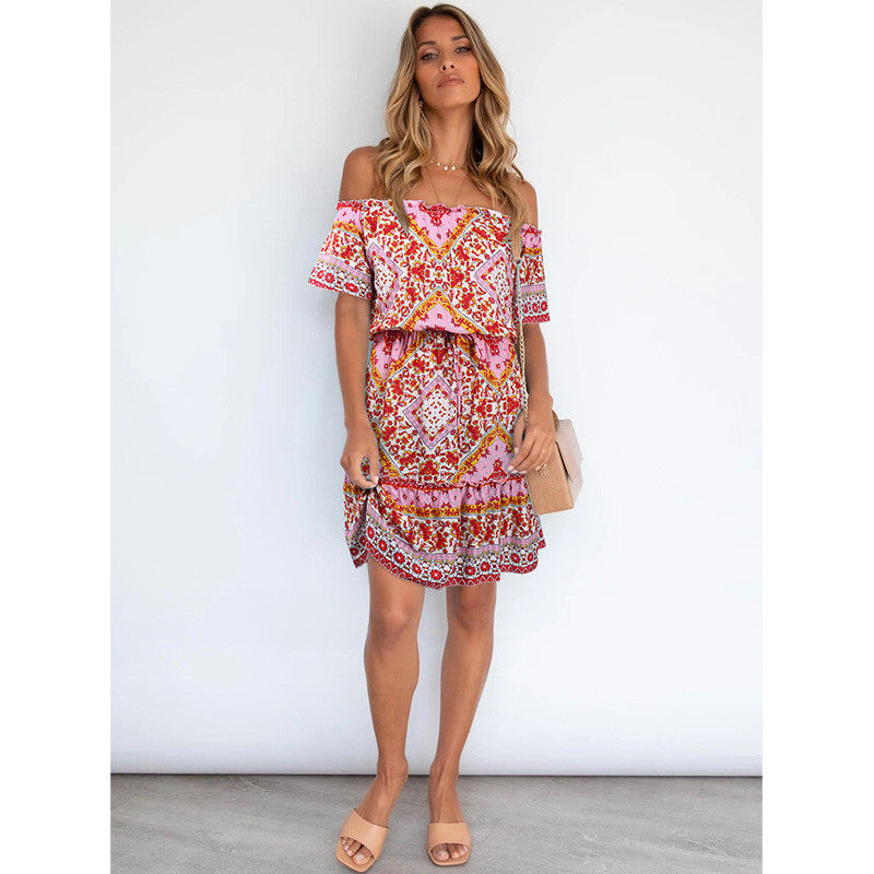 Ethnic Style Boho Style Print Off Shoulder Vacation Dress Sexy Wholesale Bohemian Dress For Women SD531675