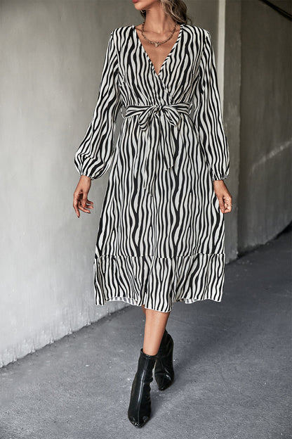 Irregular Stripe Print Tie-Up Long Sleeve A-Line Dress Wholesale Dresses