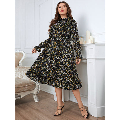 Wholesale Plus Size Women Clothing Commuter Tie Round Neck Floral Lace Long-Sleeved Midi Dress