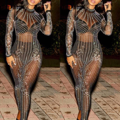 Mesh Hot Drilling Long Sleeve Women Jumpsuit