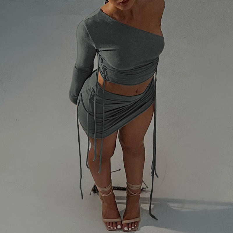 One Shoulder Crop Top & Slim Fit Drawstring Skirts Wholesale Women'S 2 Piece Sets