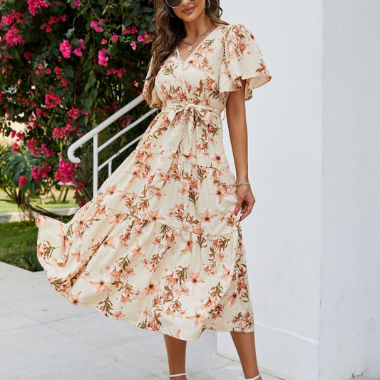 Tie-Up Elegant Floral Print Smocked Dress Wholesale Dresses