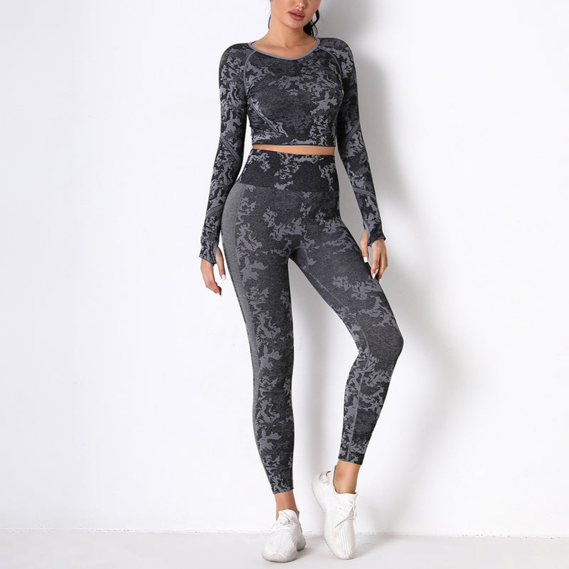 Knitted Camo Tops & Hip-Lifting Leggings Seamless Yoga Suit Wholesale Activewear Sets