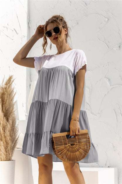 Round Neck Colorblock Ruffles Short Sleeve Loose Smocked Dresses Casual T Shirt Dress Wholesale