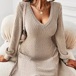 Sexy V-Neck Knit Jacquard Bodycon Dress Long Sleeve Solid Color Mini Wholesale Dresses