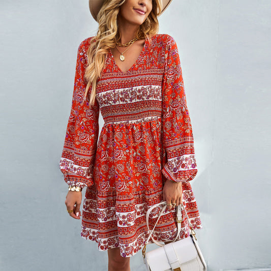 Casual V Neck A-Line Dresses Long Sleeve Print Wholesale Bohemian Dress For Women