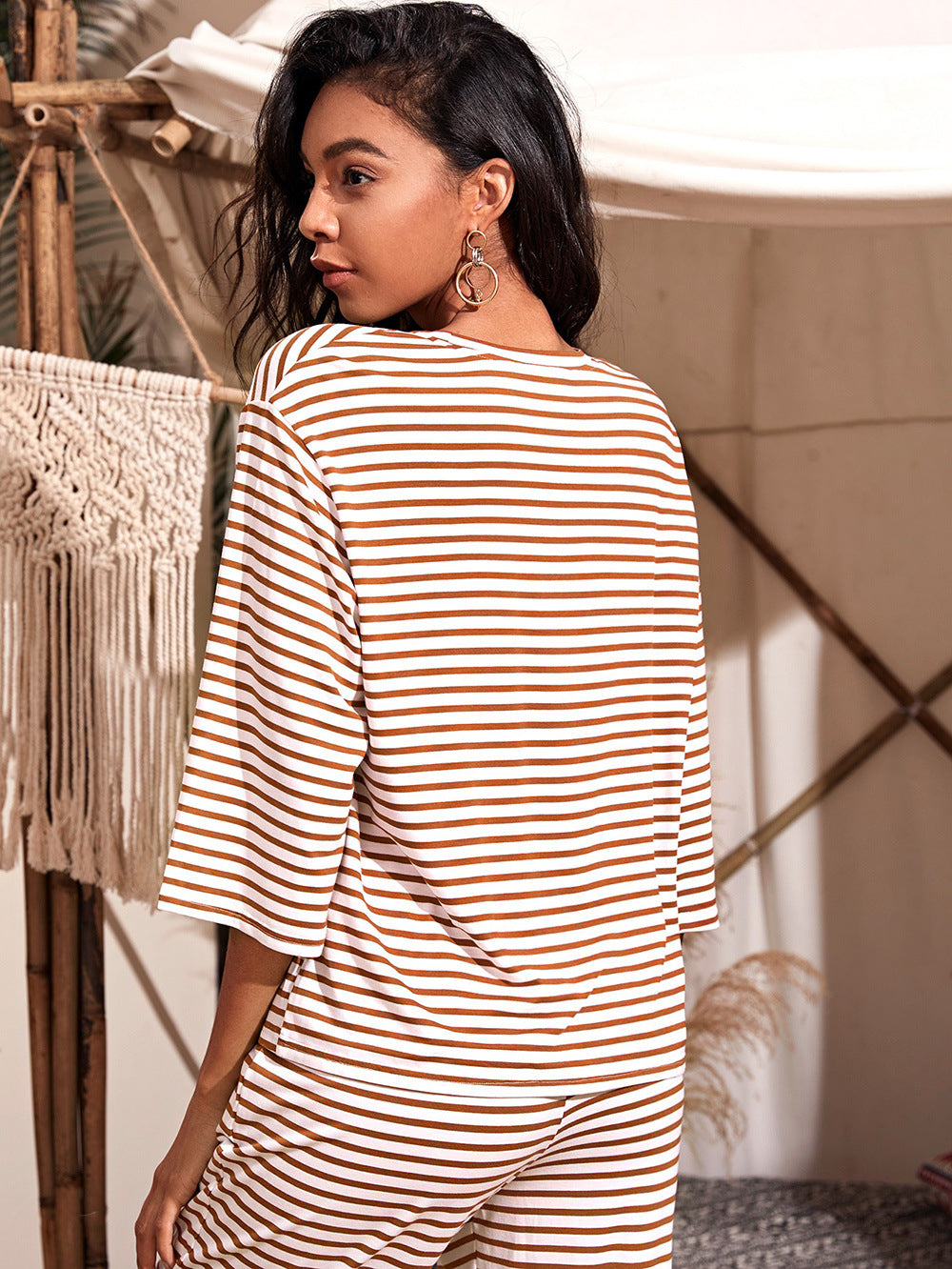 Striped Round Neck Wholesale Blouse Loose Home Casual Women T-Shirt