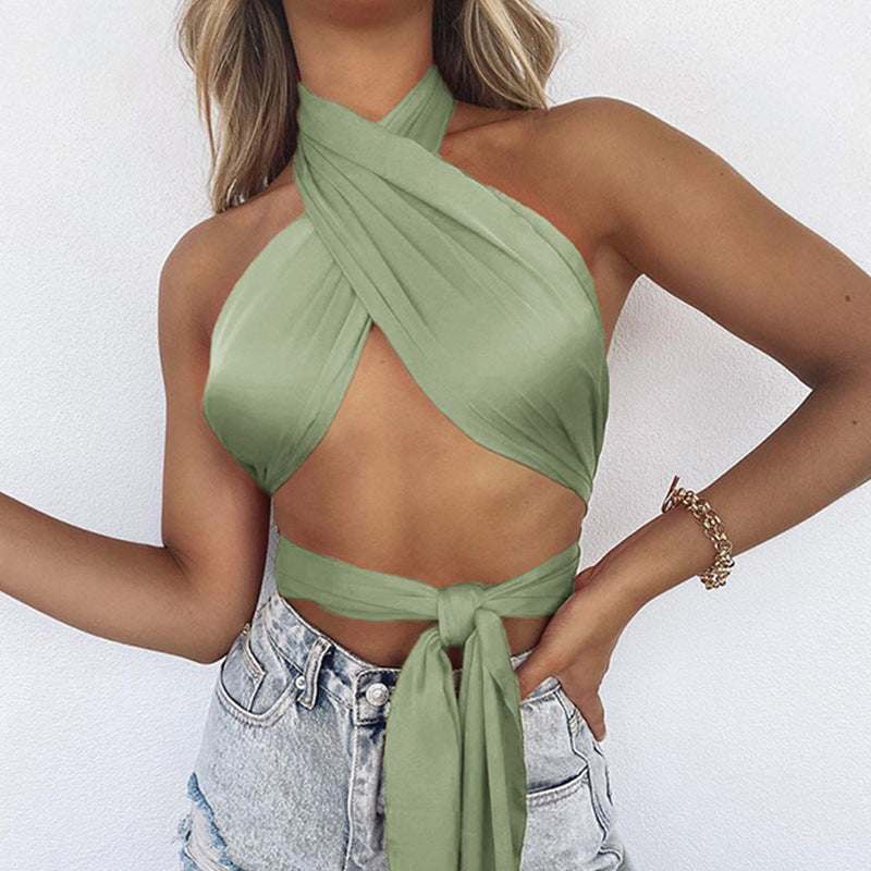 Satin Sexy Backless Strappy Wrap Wholesale Crop Tops