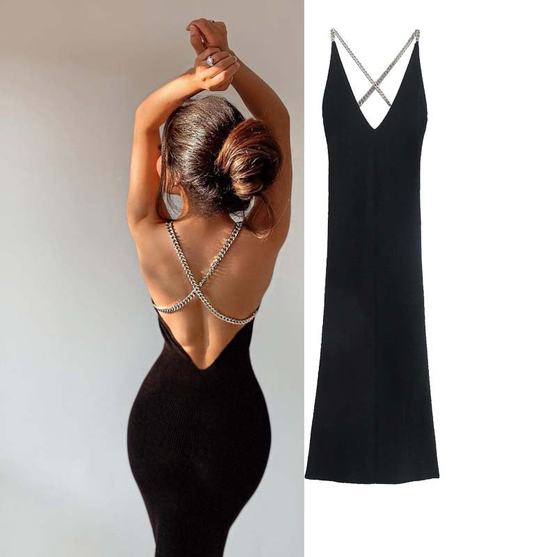 Open-Back Cross-Shoulder Chain Straps Knitted Black Bag Hips Bodycon Dress Wholesale Jersey Dresses