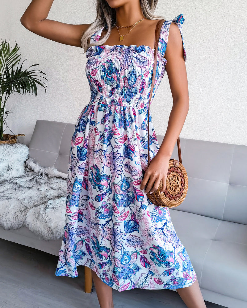 Floral Tie-Up Pleated Wholesale Summer Dresses