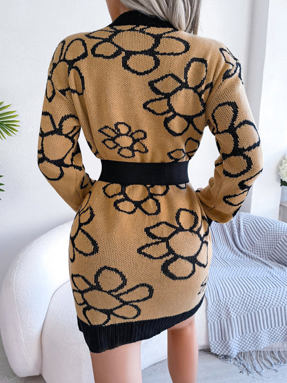 Fashion Long-Sleeved Flower Print Knitted Dress Wholesale Dresses