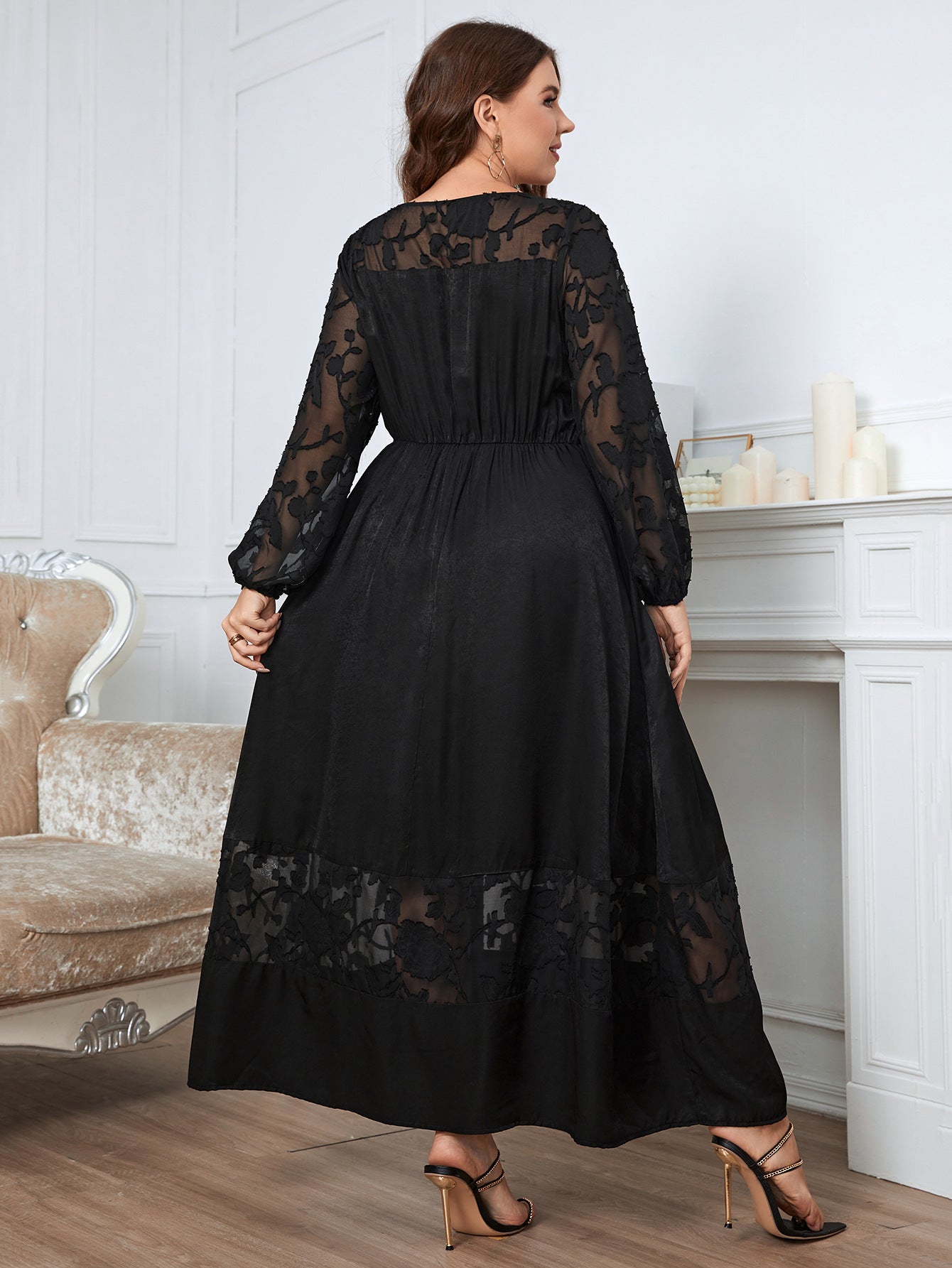 Solid Color Long Sleeve Lace Curvy Maxi Dresses Wholesale Plus Size Clothing