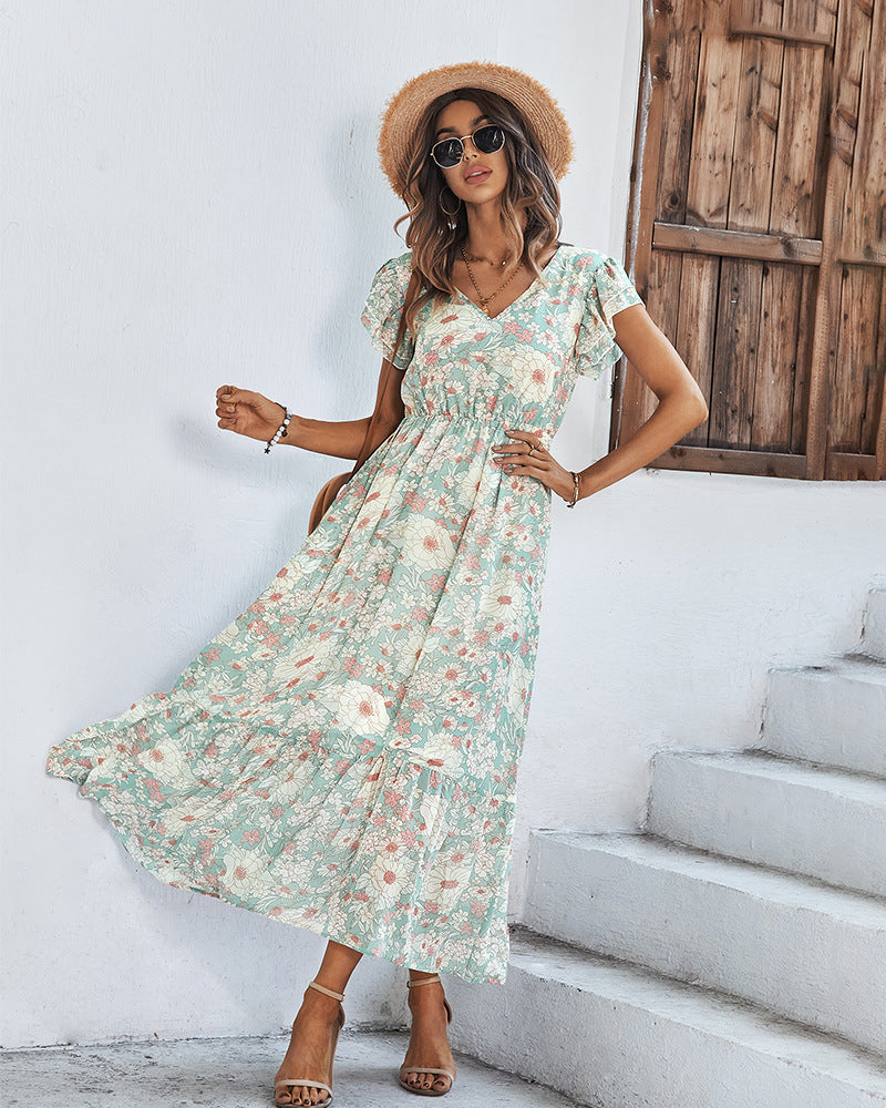 Floral Print V Neck Frill Sleeve Nipped Waist Mid-Length Ruffled Flowy Dress Casual Wholesale Dresses