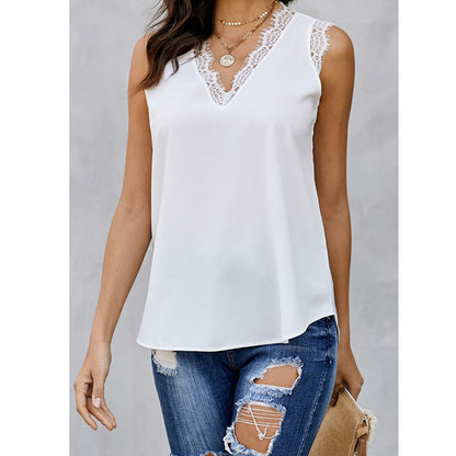 Women Fashion Sleeveless Lace V Neck Wholesale Tank Tops Summer