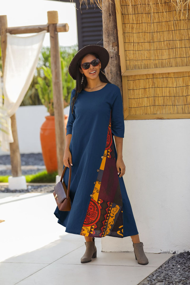 Cotton Linen Retro Print Mid-Sleeve Dress Casual Crew Neck Resort Dresses Wholesale Plus Size Clothing
