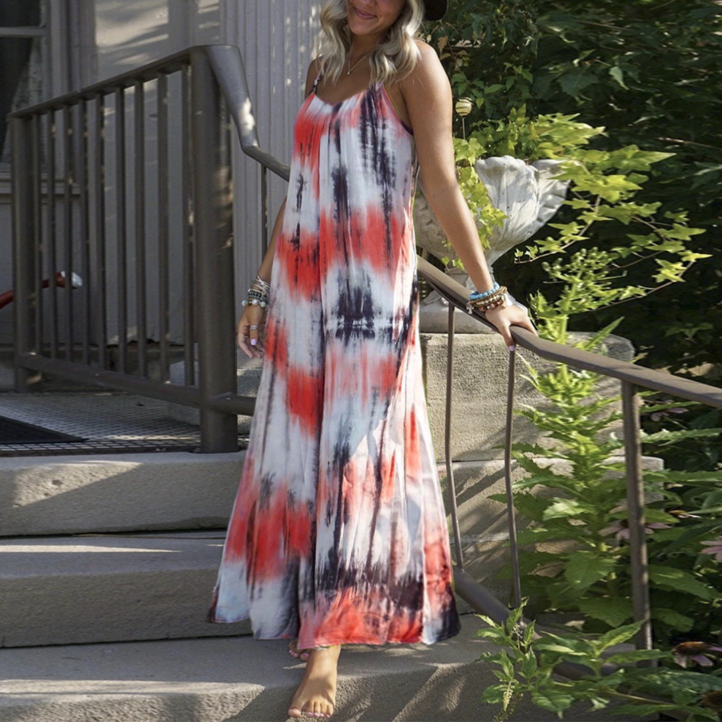 Open Back Tie Dye Print Sling Dress Casual Beach Wholesale Maxi Dresses