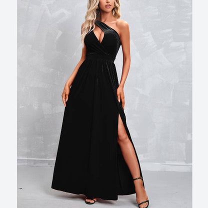 Slanted Shoulder Solid Color Hollow Sexy Slit Evening Dress Wholesale Maxi Dresses