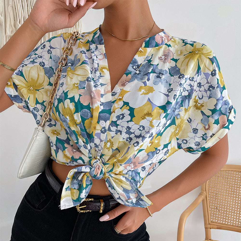 Casual Floral V Neck Tops Single-Breasted Short Sleeve Resort Loose Womens T Shirts Wholesale