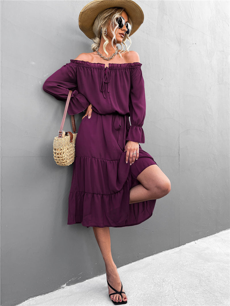 One-Shoulder Lace-Up Ruffless Wide Swing Lantern Sleeve Midi Dress Casual Wholesale Dresses