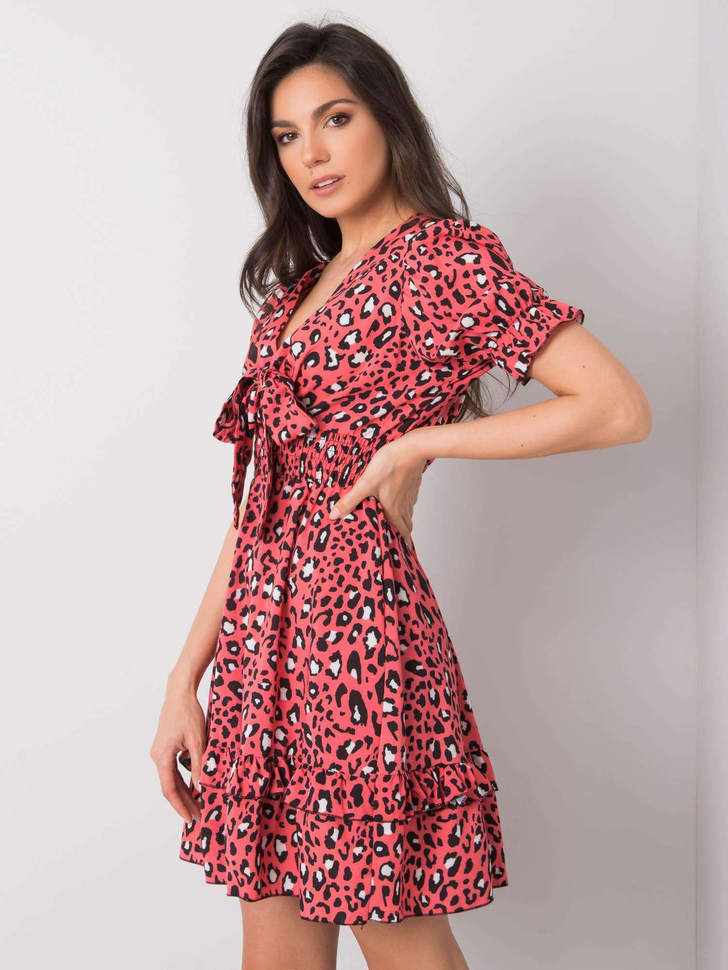 Leopard Print Tieback V Neck Bowknot Puff Sleeve Ruffled Dress Casual Wholesale Dresses