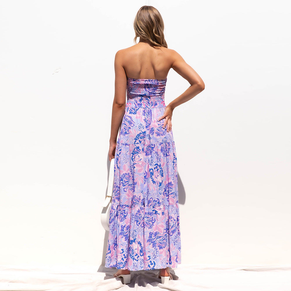 Floral Print Off Shoulder Tie Waist Wholesale Maxi Dresses Summer