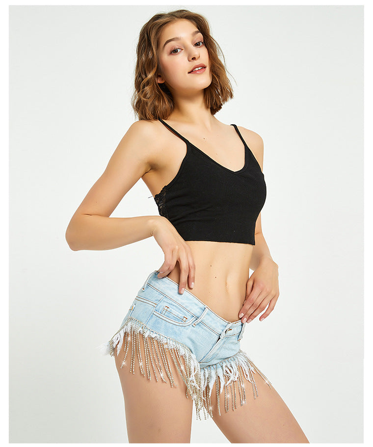 Tassel Diamond Chain Sexy Denim Wholesale Jean Shorts