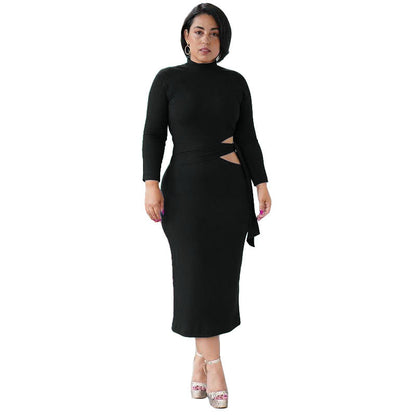 Solid Color Long Sleeve High Waist Hollow Tight-Fitting Mid-Length Dress