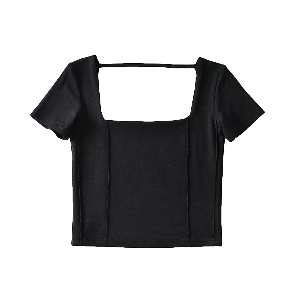 Sexy Square Collar Solid Color Backless Short T-Shirt Wholesale Crop Tops