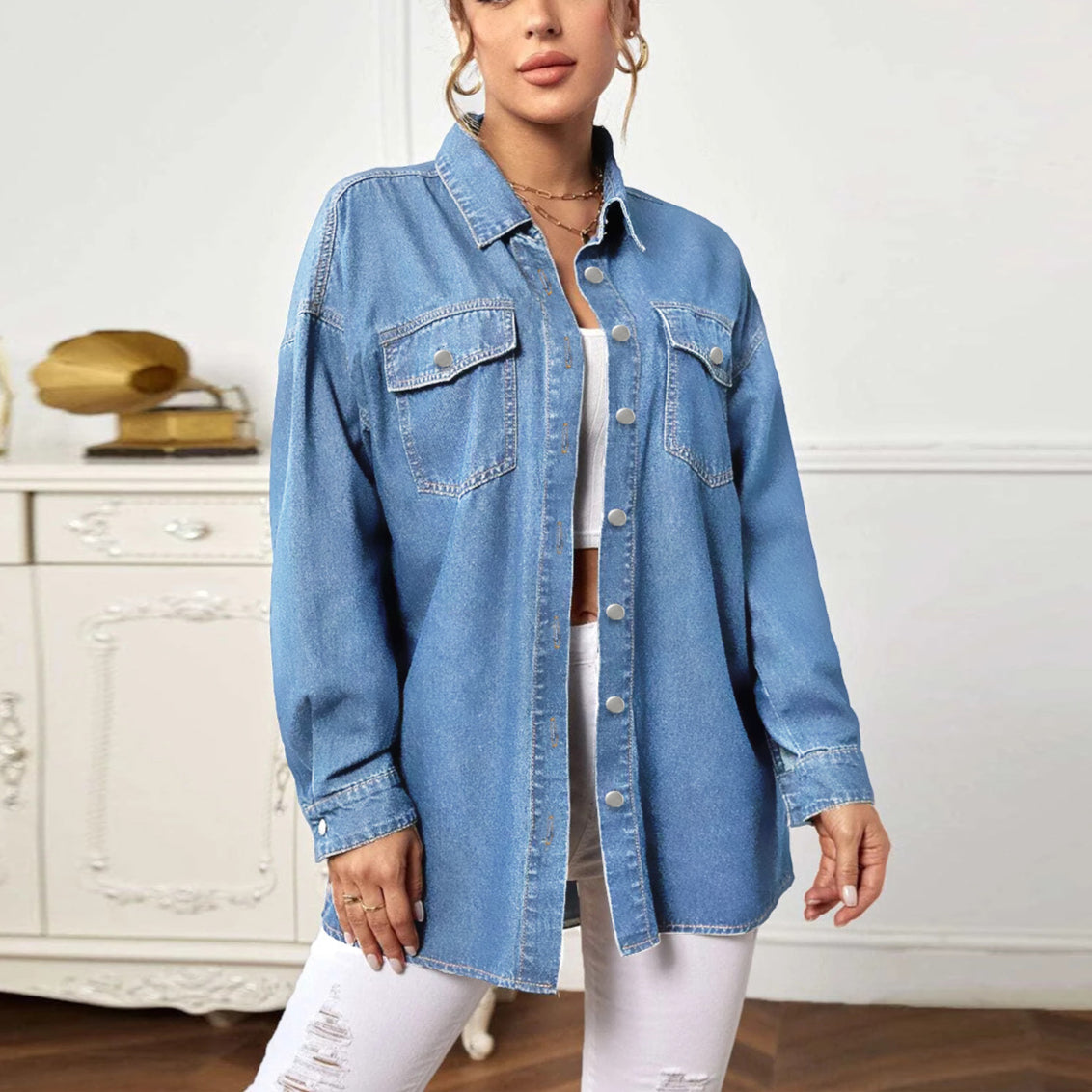 Loose Casual Long Sleeves Simple Pocket Lapel Long Denim Shirt Wholesale Women'S Top