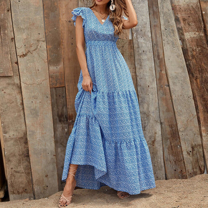 Ruffled Sleeve V Neck High Waist Vacation Smocked Floral Dress Wholesale Maxi Dresses