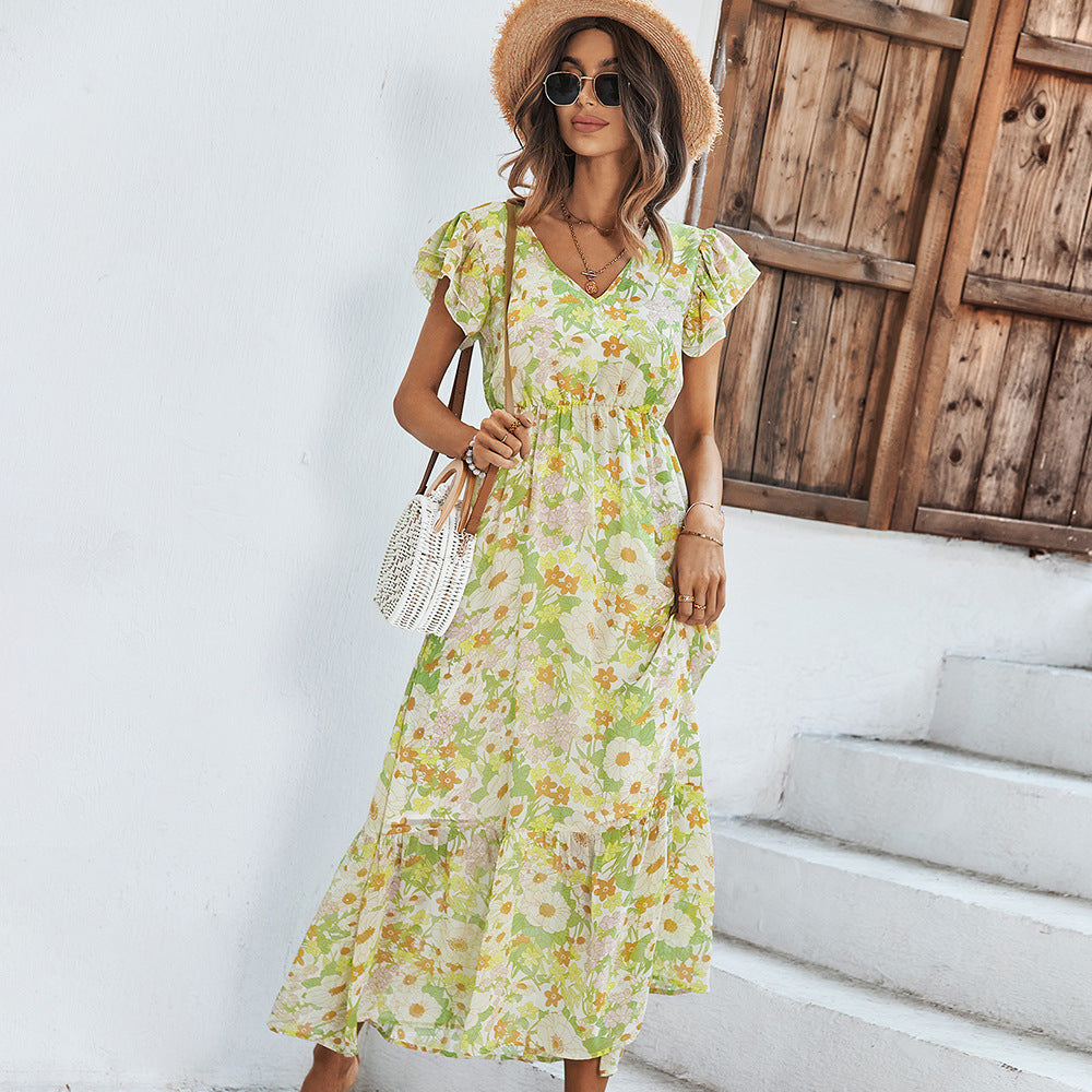 Floral Print V Neck Frill Sleeve Nipped Waist Mid-Length Ruffled Flowy Dress Casual Wholesale Dresses